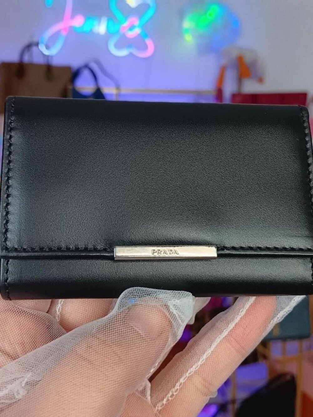 Prada Black Smooth Leather 6 Silver Ring Key Case Pouch